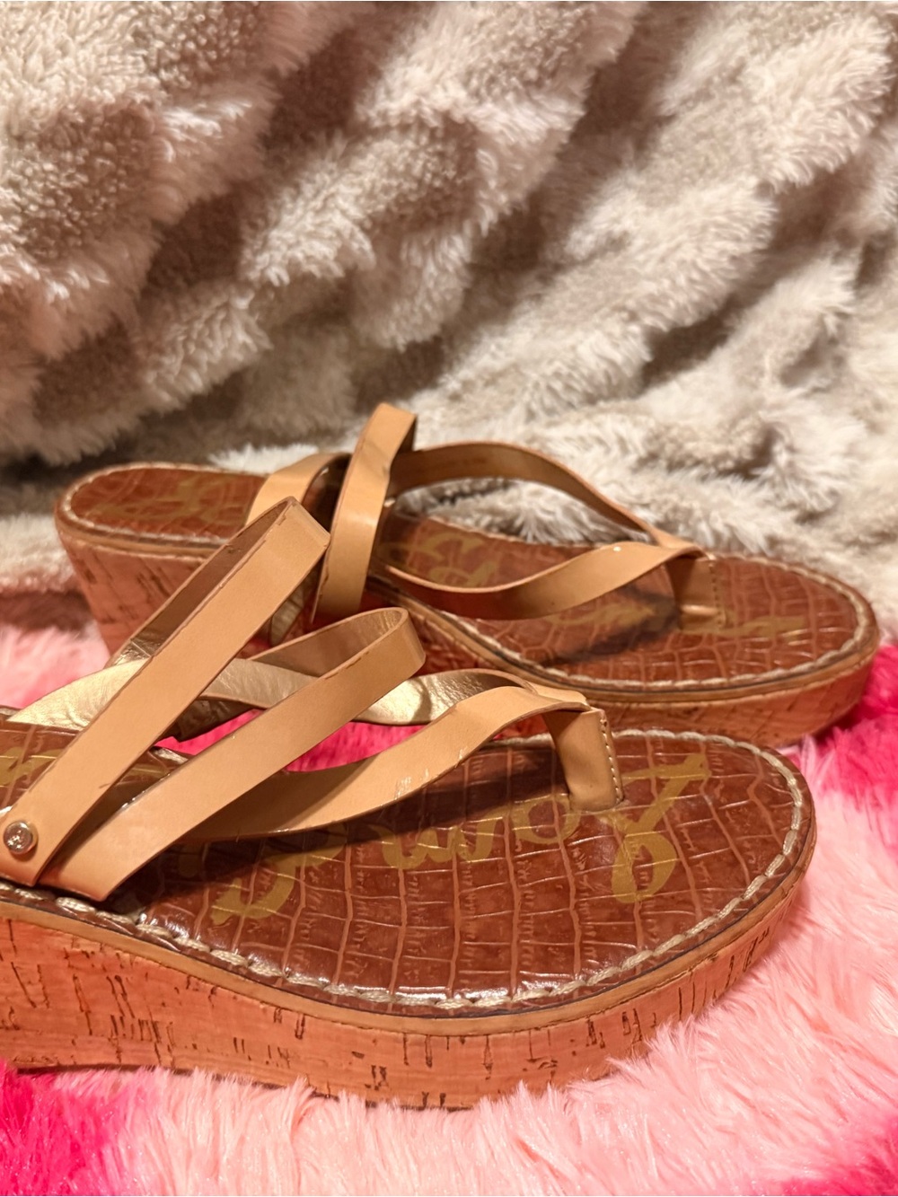 Sam Edelman Tan Leather and Cork Thong Wedges sz 8 Boho Y2K Resort Summer